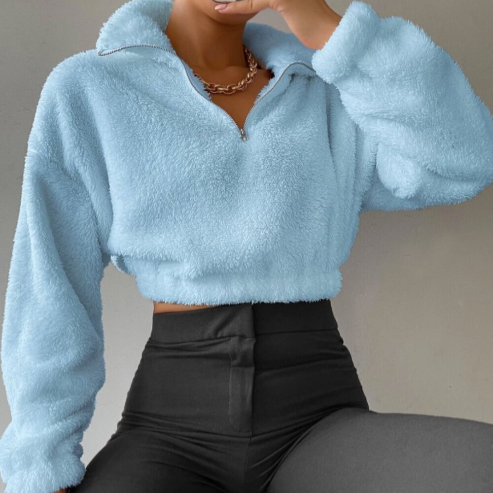 Half Zip Teddy Crop Sweater- Size XS